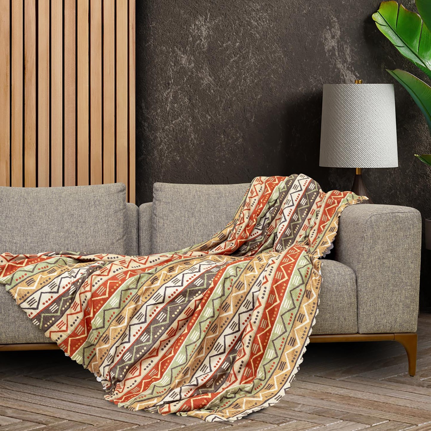 SoftMicro Etnik Desenli Boho 180x220 cm  Koltuk Örtüsü Şalı, Kanepe Örtüsü, Tv Battaniyesi Doğal Renk