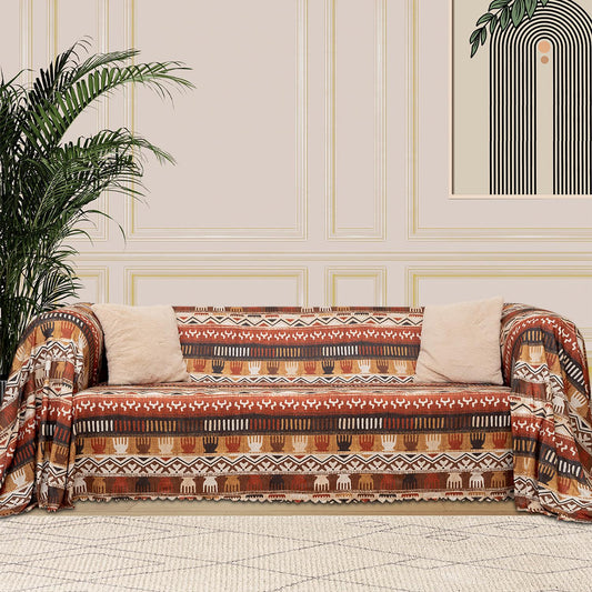 SoftMicro Etnik Desenli Boho 180x220 cm Koltuk Örtüsü Şalı, Kanepe Örtüsü, Tv Battaniyesi Toprak