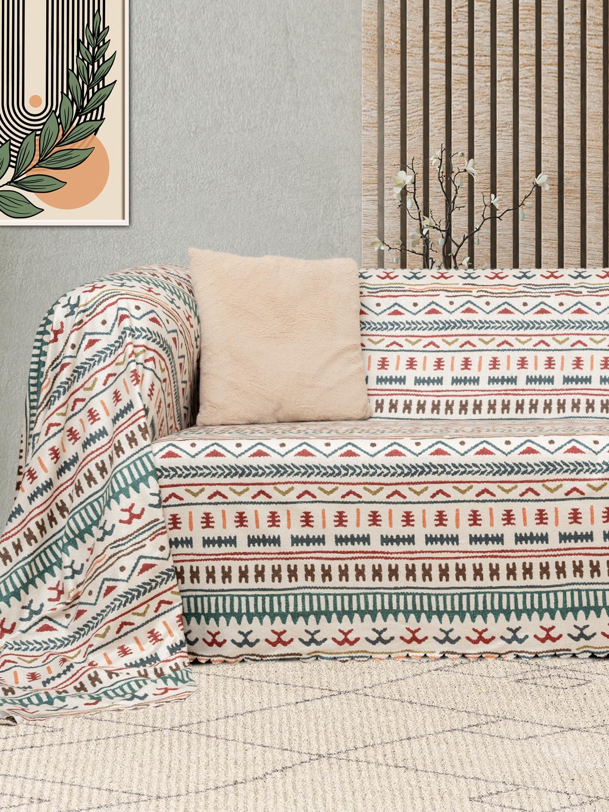 SoftMicro Etnik Desenli Boho 180x220 cm  Koltuk Örtüsü Şalı, Kanepe Örtüsü, Tv Battaniyesi Turkuaz